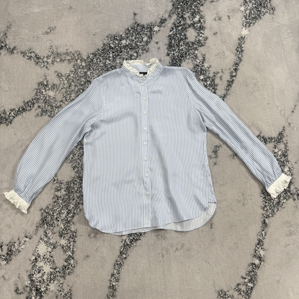 J Crew Blouse Womens Small Blue Stripe Ruffle Neck Cupro Blend Button Front